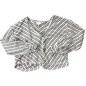By Together V-Neck Asymmetrical Hem Cinched Wrist Black & White Striped Top S